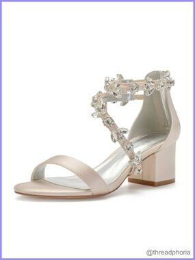 Low Block Heel Peep Toe Satin Bridal Sandal with Ankle Strap and Rhinestone